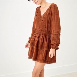 American Eagle Rust Brown Embroidered Lace Eyelet Tiered Mini Dress Small NWT